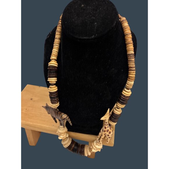 Handmade Wooden Beaded Necklace With Carved Giraffe & Zebra Pendants - Picture 4 of 15